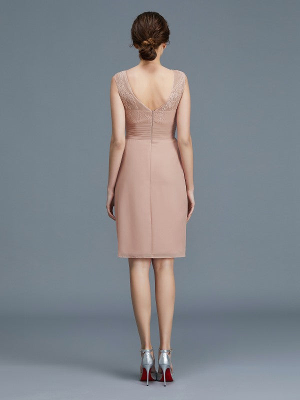 A Line Sheath/Column Sheer Neck Ruffles Chiffon Sleeveless Knee-Length Mother of the Bride Dresses