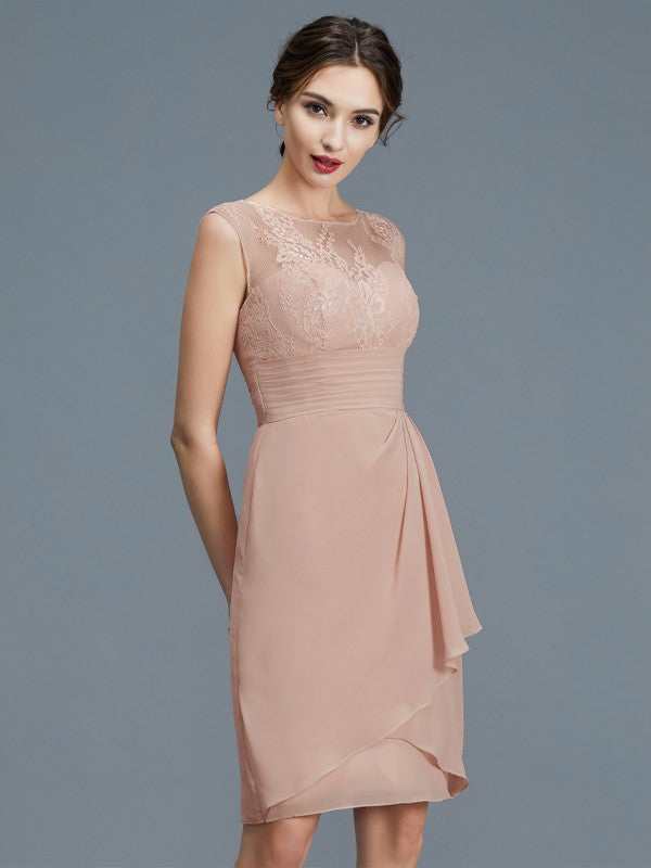 A Line Sheath/Column Sheer Neck Ruffles Chiffon Sleeveless Knee-Length Mother of the Bride Dresses