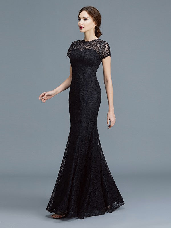 A Line Trumpet/Mermaid Scoop Short Sleeves Lace Floor-Length Mother of the Bride Dresses