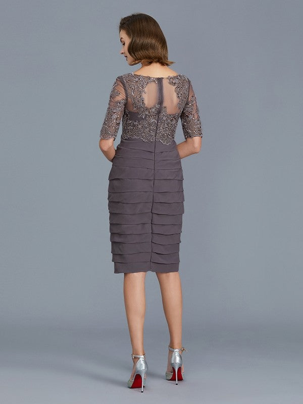 A Line Sheath/Column Scoop Ruffles Chiffon 1/2 Sleeves Knee-Length Mother of the Bride Dresses