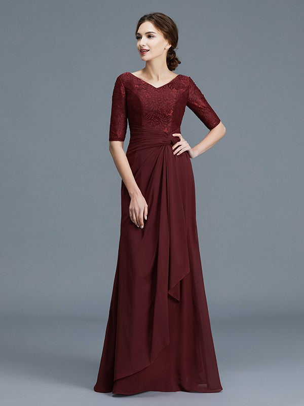 A-Line Scoop 1/2 Sleeves Chiffon Applique Floor-Length Mother of the Bride Dresses