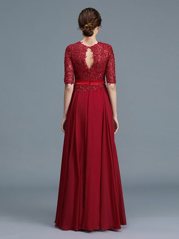 A-Line Scoop 1/2 Sleeves Chiffon Applique Floor-Length Mother of the Bride Dresses