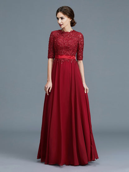 A-Line/Princess Scoop 1/2 Sleeves Chiffon Applique Floor-Length Mother of the Bride Dresses