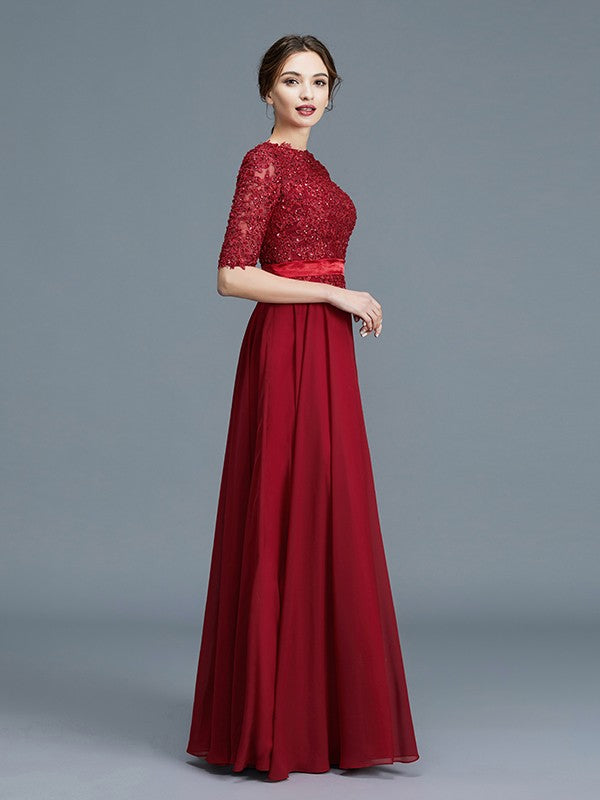 A-Line Scoop 1/2 Sleeves Chiffon Applique Floor-Length Mother of the Bride Dresses