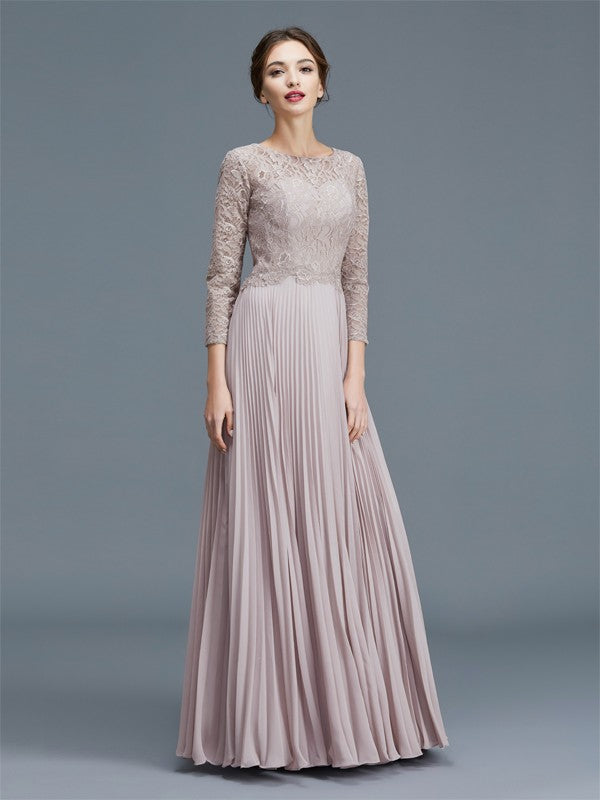 A-Line Scoop 3/4 Sleeves Lace Chiffon Floor-Length Mother of the Bride Dresses