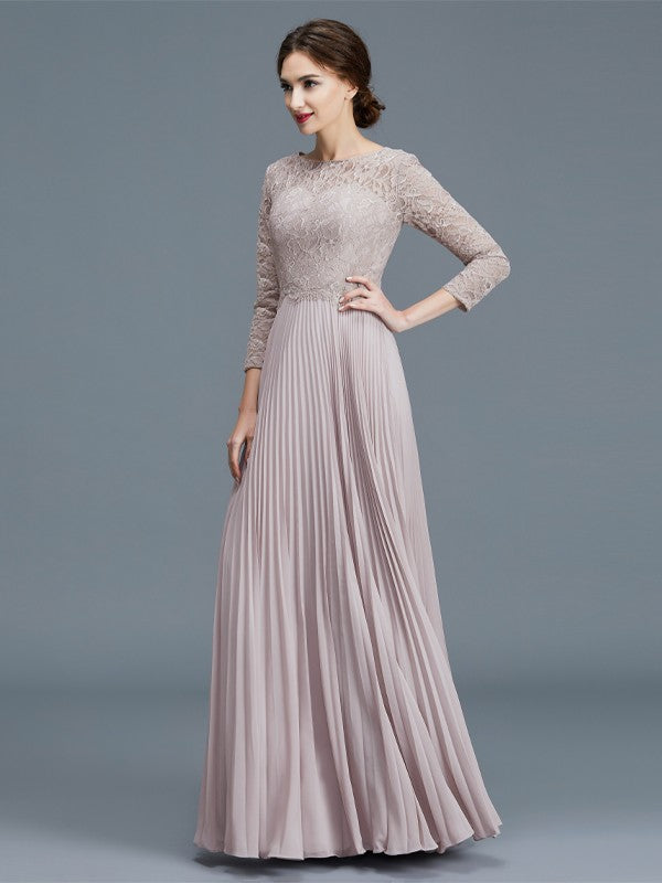 A-Line Scoop 3/4 Sleeves Lace Chiffon Floor-Length Mother of the Bride Dresses