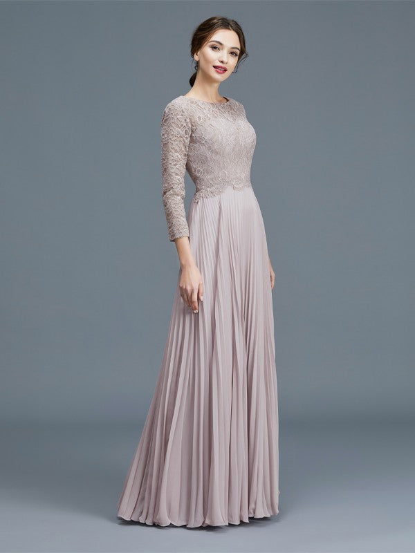 A-Line Scoop 3/4 Sleeves Lace Chiffon Floor-Length Mother of the Bride Dresses