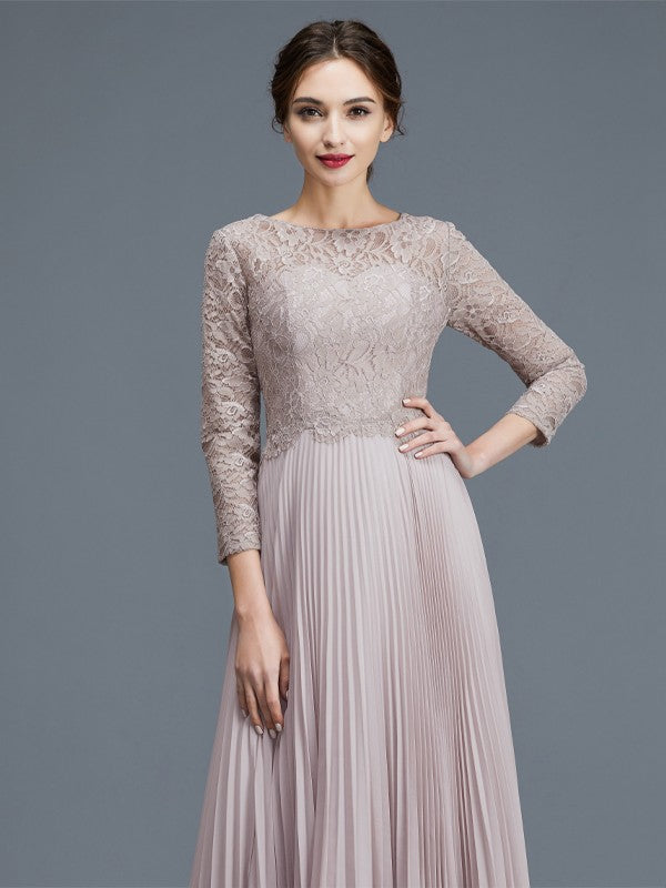 A-Line Scoop 3/4 Sleeves Lace Chiffon Floor-Length Mother of the Bride Dresses