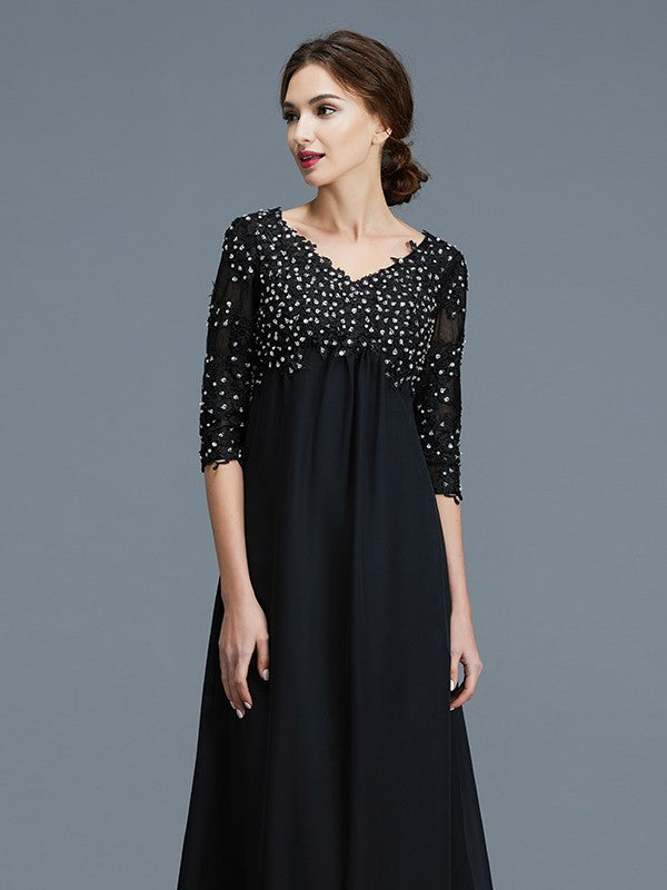 A-Line V-neck 1/2 Sleeves Beading Chiffon Floor-Length Mother of the Bride Dresses