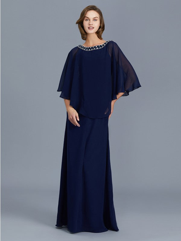 A Line Sheath/Column Scoop Beading Long Sleeves Chiffon Floor-Length Mother of the Bride Dresses