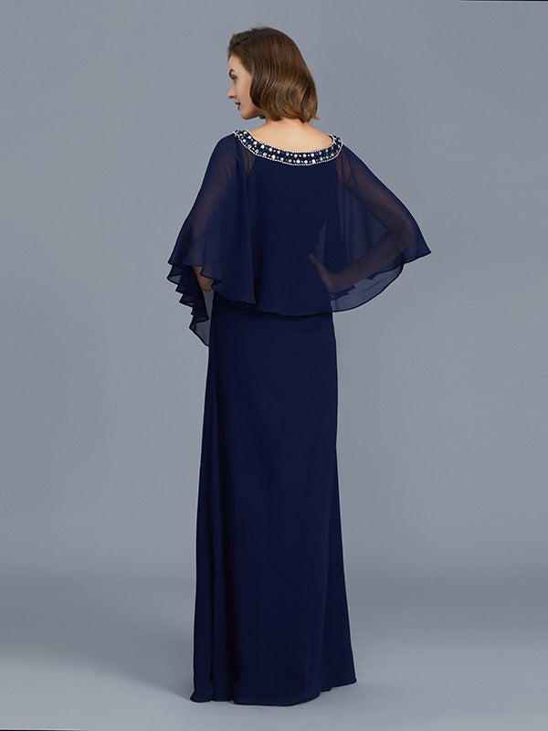 A Line Sheath/Column Scoop Beading Long Sleeves Chiffon Floor-Length Mother of the Bride Dresses