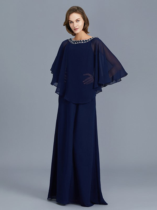 A Line Sheath/Column Scoop Beading Long Sleeves Chiffon Floor-Length Mother of the Bride Dresses