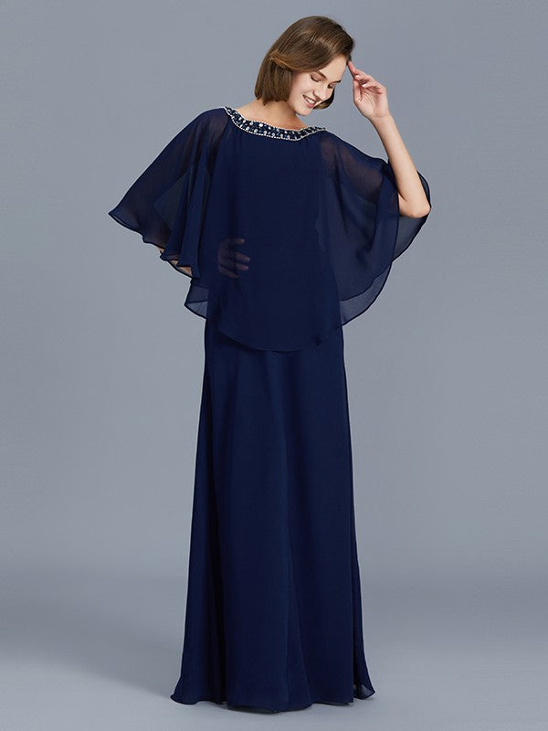A Line Sheath/Column Scoop Beading Long Sleeves Chiffon Floor-Length Mother of the Bride Dresses
