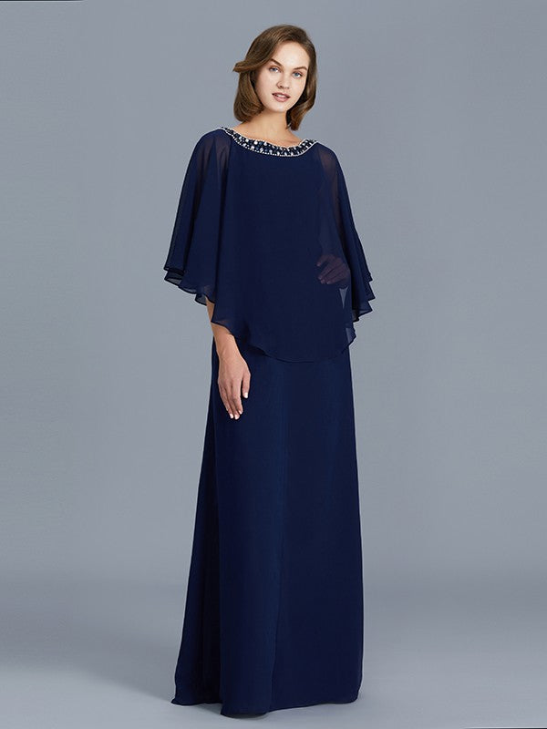 A Line Sheath/Column Scoop Beading Long Sleeves Chiffon Floor-Length Mother of the Bride Dresses