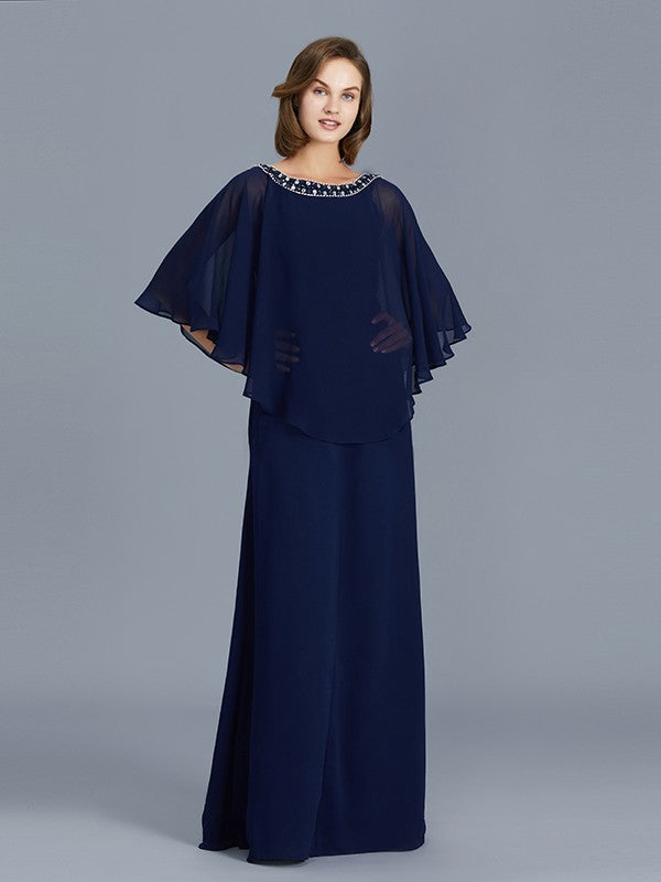 A Line Sheath/Column Scoop Beading Long Sleeves Chiffon Floor-Length Mother of the Bride Dresses