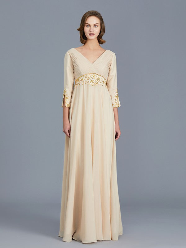 A-Line V-neck Ruffles Chiffon Floor-Length Mother of the Bride Dresses