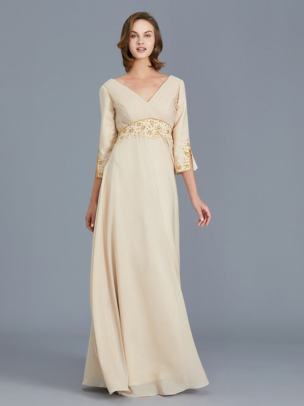 A-Line V-neck Ruffles Chiffon Floor-Length Mother of the Bride Dresses