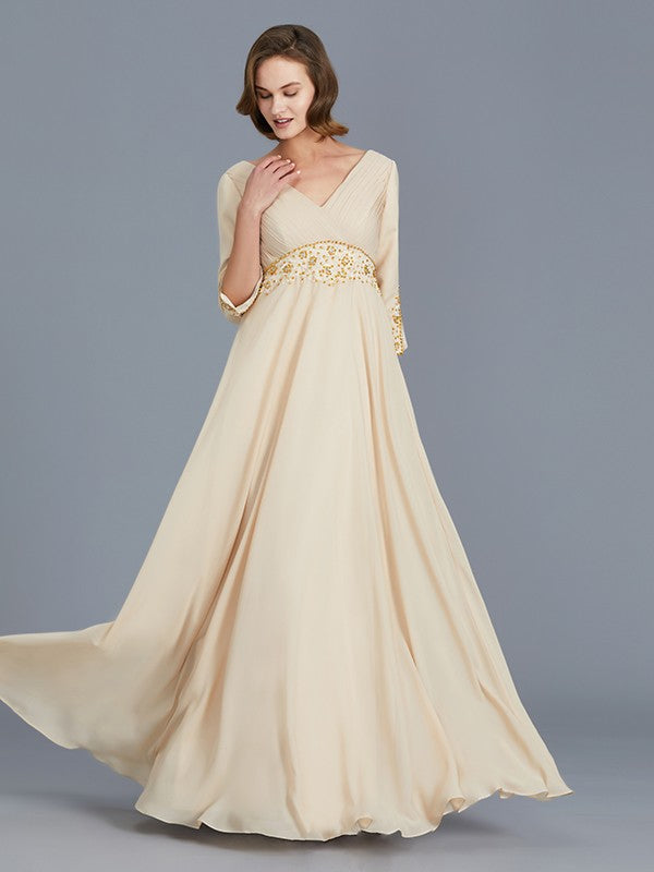 A-Line V-neck Ruffles Chiffon Floor-Length Mother of the Bride Dresses