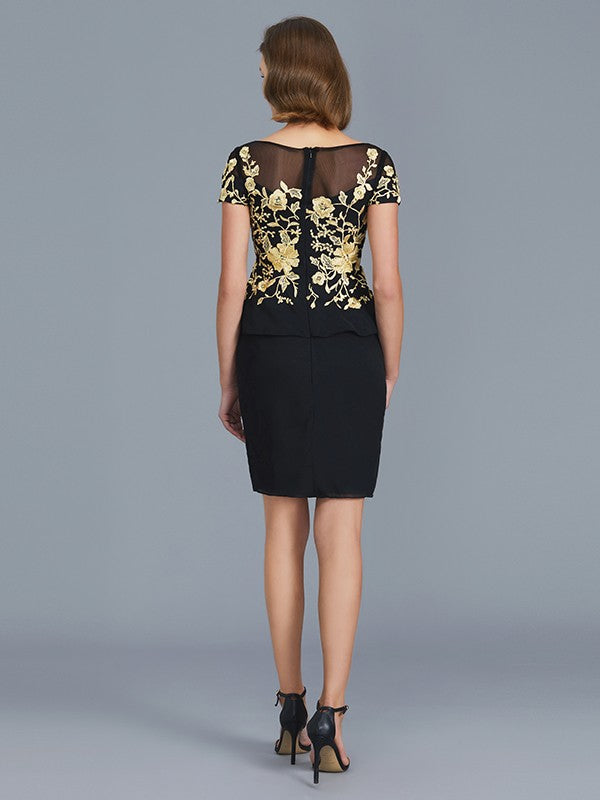 A Line Sheath/Column Scoop Ruffles Short Sleeves Knee-Length Chiffon Mother of the Bride Dresses