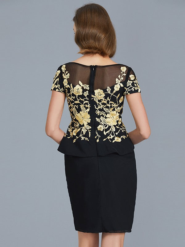 A Line Sheath/Column Scoop Ruffles Short Sleeves Knee-Length Chiffon Mother of the Bride Dresses