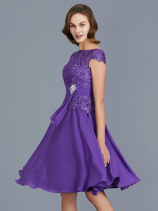 A-Line Bateau Chiffon Knee-Length Beading Sleeveless Mother of the Bride Dresses