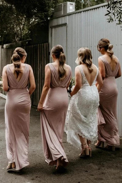 A Line Low V Neck Sleeveless Long Bridesmaid Floor Length Dresses