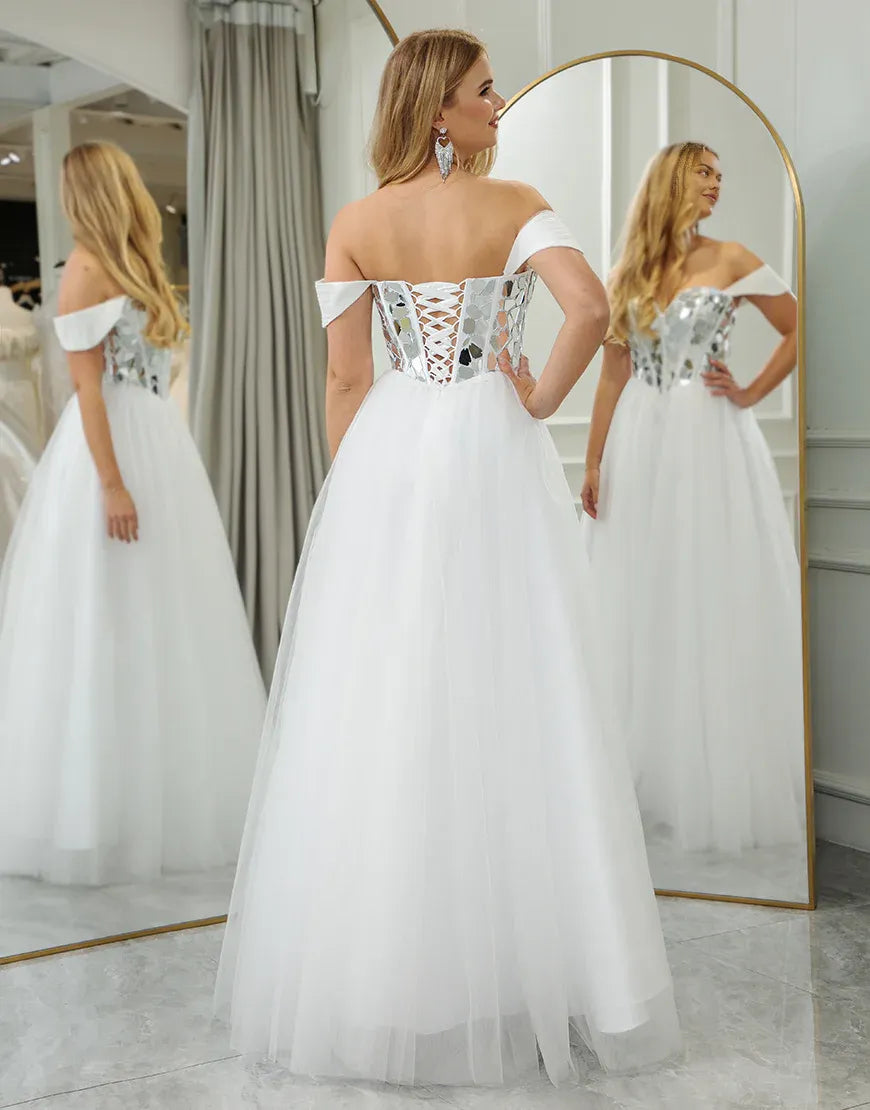 A Line Off the Shoulder Tulle Long Mirror Prom Dress