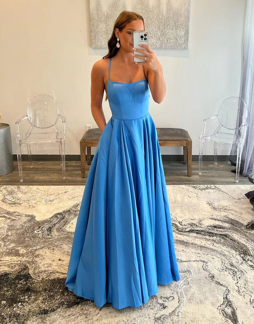 A-Line Simple Blue Spaghetti Straps Backless Long Prom Dress