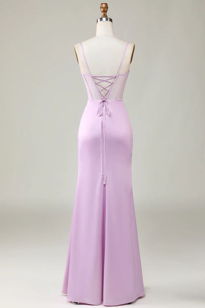 Lilac Mermaid Spaghetti Straps Long Bridesmaid Dress with Slit