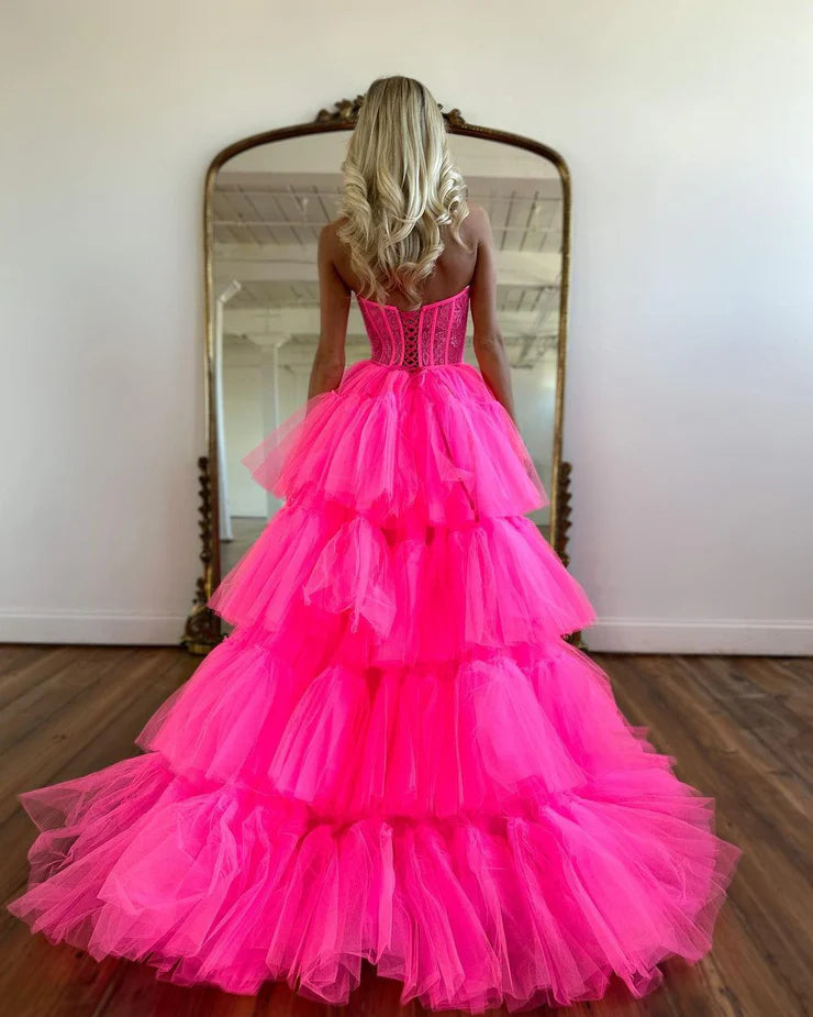A Line High Low Strapless Hot Pink Prom Dresses with Tulle Layers