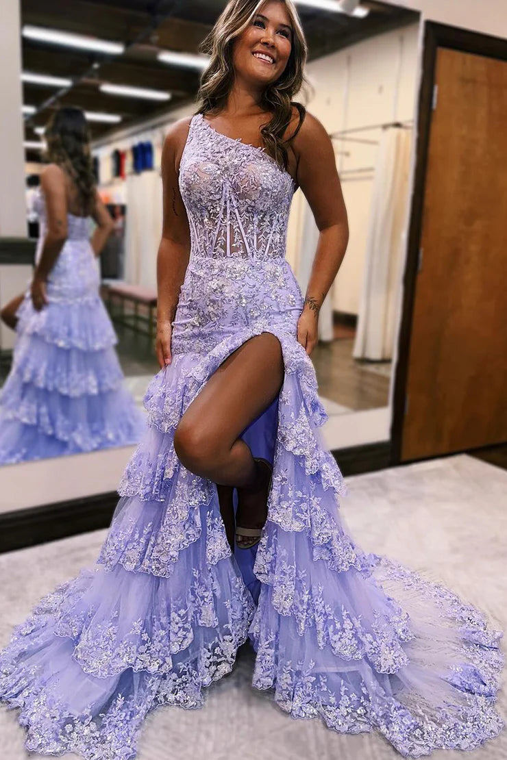 A Line Glittering Sparkle One Shoulder Lavender Lace Layers Long Prom Dresses with Slit