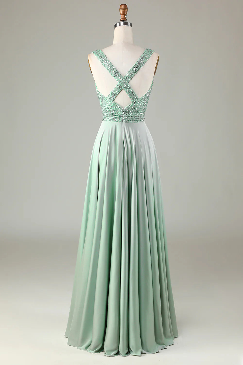 Sleek Glitter Sparking Low V-Neck Matcha Bridesmaid Dress with Sequins