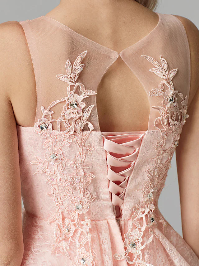 A-Line Sparkle Homecoming Cocktail Party Dress Pink Illusion Neck Sleeveless Short Tulle Floral Lace with Sequin Appliques