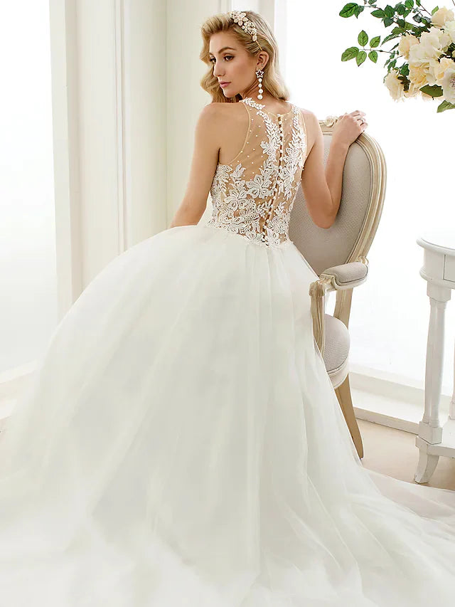 Ball Gown Wedding Dresses Jewel Neck Chapel Train Lace Tulle Lace Over Tulle Regular Straps See-Through Beautiful Back with Buttons Appliques