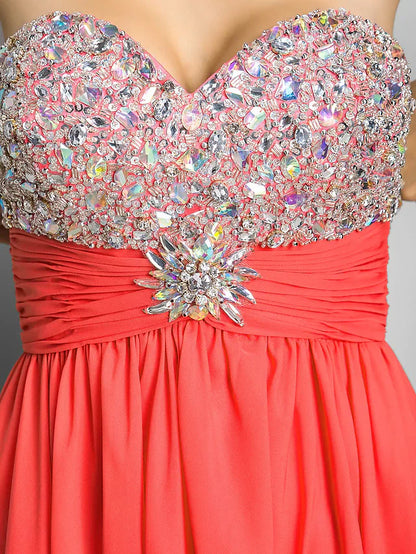 A-Line Beaded & Sequin Cute Cocktail Party Valentine's Day Dress Sweetheart Neckline Strapless Sleeveless Short Mini Chiffon with Ruched Crystals Beading