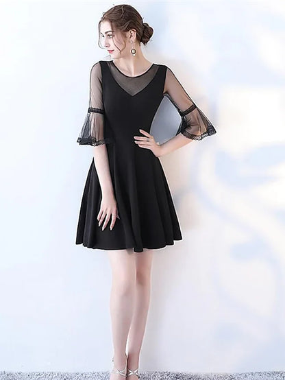 A-Line Minimalist Sexy Engagement Cocktail Party Dress Jewel Neck Half Sleeve Knee Length Tulle with Pleats