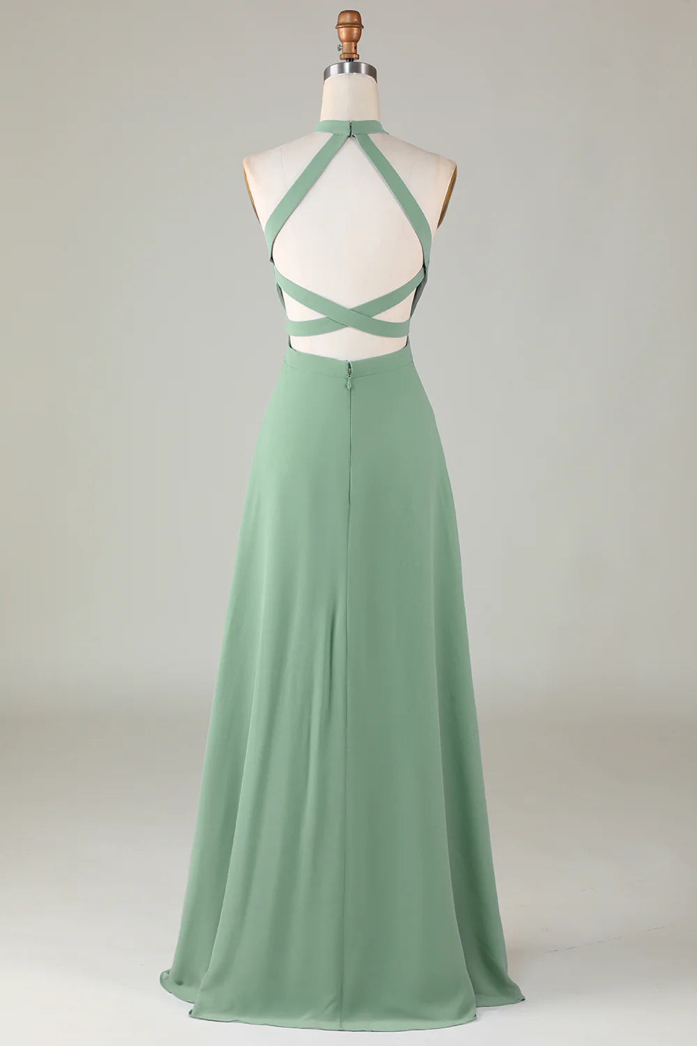 A-Line Halter Open Back Matcha Bridesmaid Dress with Split