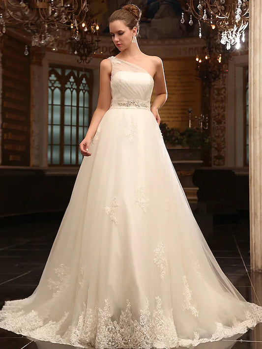 Princess A-Line Wedding Dresses One Shoulder Court Train Satin Tulle Sleeveless