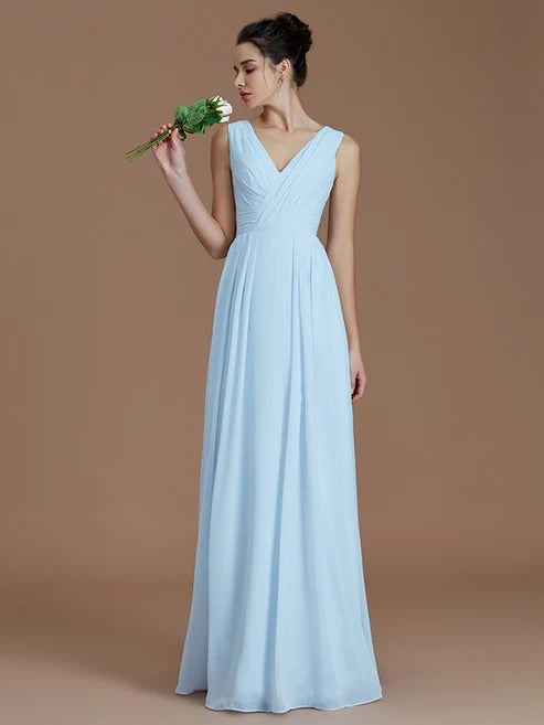 A-Line/Princess V-neck Sleeveless Ruched Floor-Length Chiffon Bridesmaid Dresses Party Dresses Wedding Guest Dresses