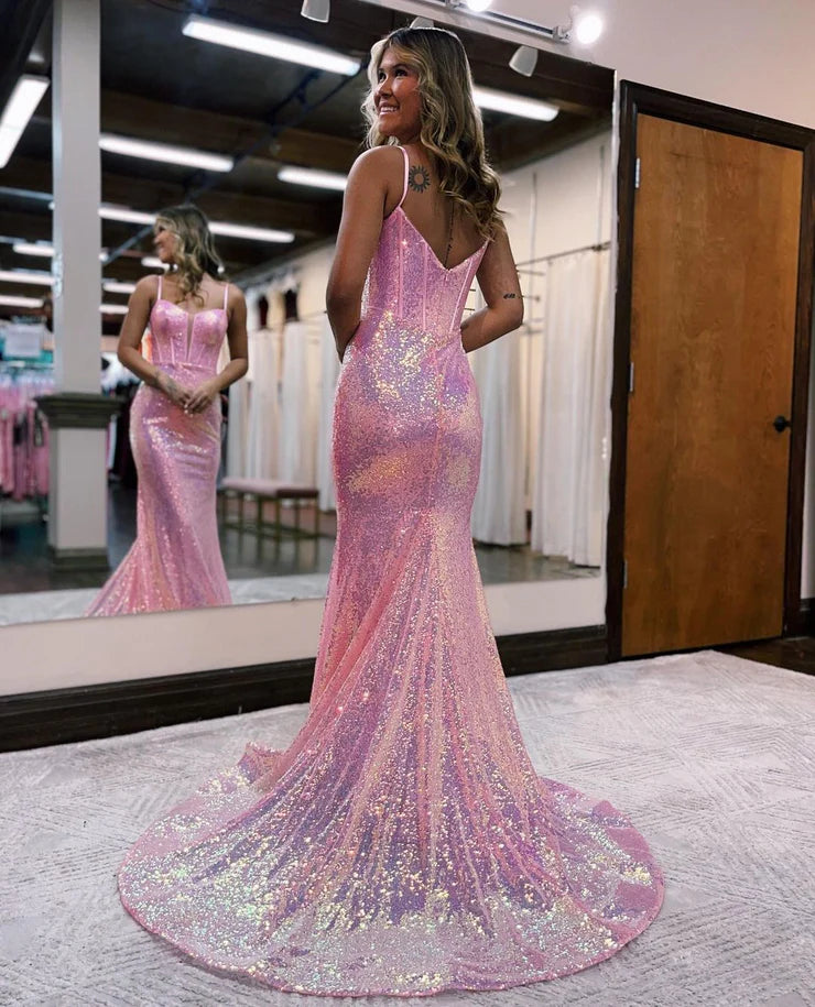 Sleek Glittering Sparkle Mermaid Sweetheart Pink Sequins Long Prom Dresses