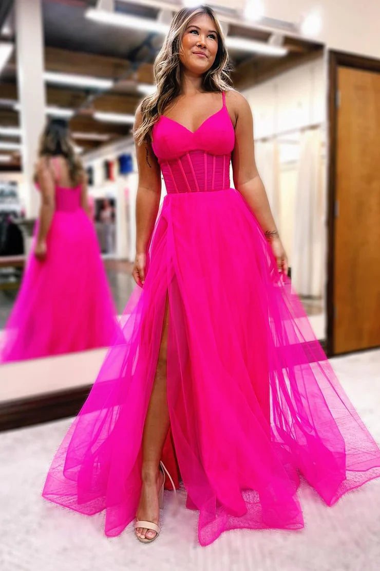 A Line Spaghetti Straps Sweetheart Pink Tulle Prom Dress with Slit