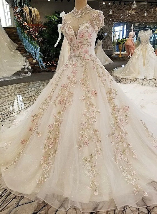 Ball Gown Prom Dresses Dress Quinceanera Beautiful Ivory High Neckline Tulle Party Dress Ivory Wedding Dress With Appliques