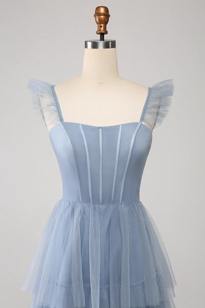 A Line Tiered Tulle Corset Bridesmaid Dress with Slit