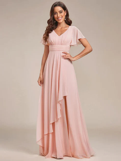 Ruffles Sleeve High Slit with Louts Leaf Chiffon Evening Dress/Prom Dresses Party Dresses Wedding Guest Dresses