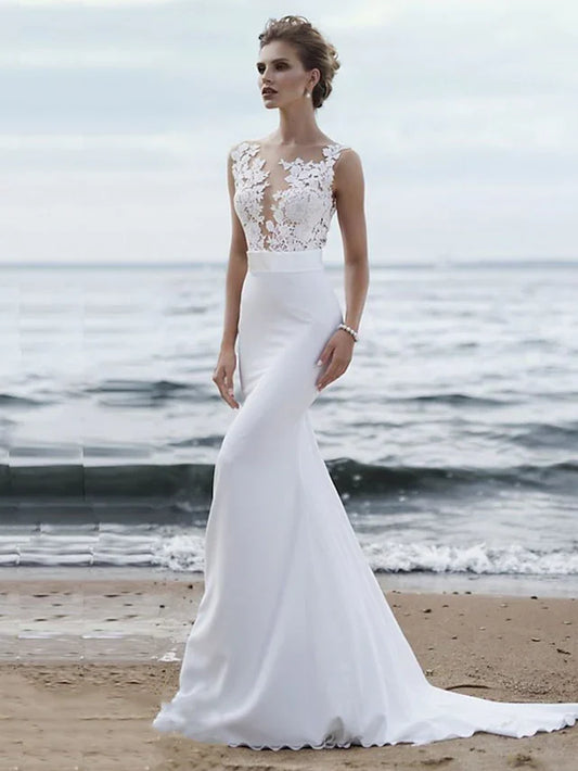 Wedding Dresses Jewel Neck Chapel Train Chiffon Lace Regular Straps Mordern See-Through with Sashes Ribbons Appliques