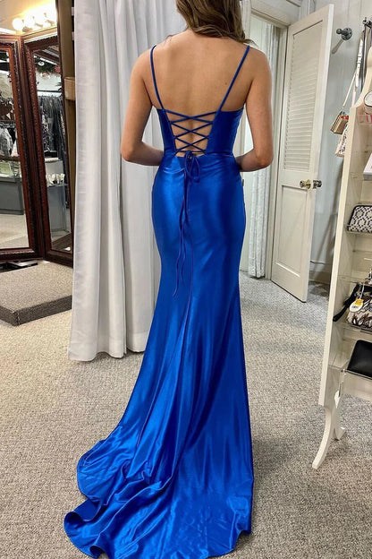 Mermaid Spaghetti Straps Scoop Neck Royal Satin Long Prom Dresses with Slit