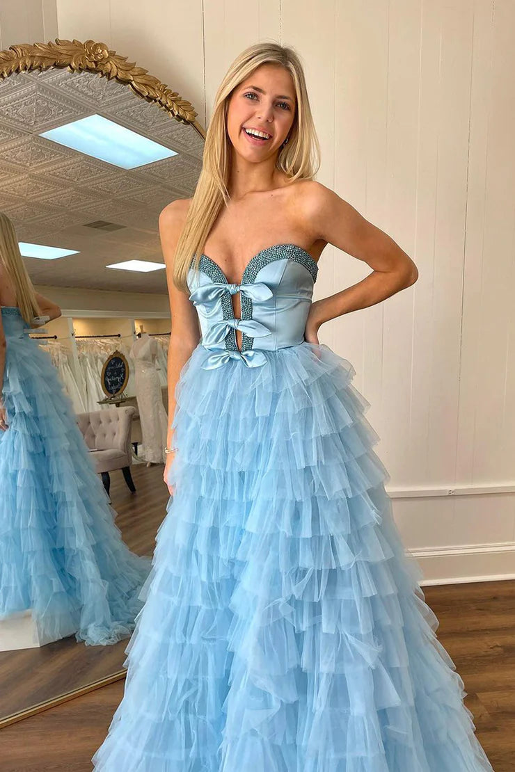 A Line Strapless Floor Length Light Blue Tiered Tulle Prom Dress with Beading