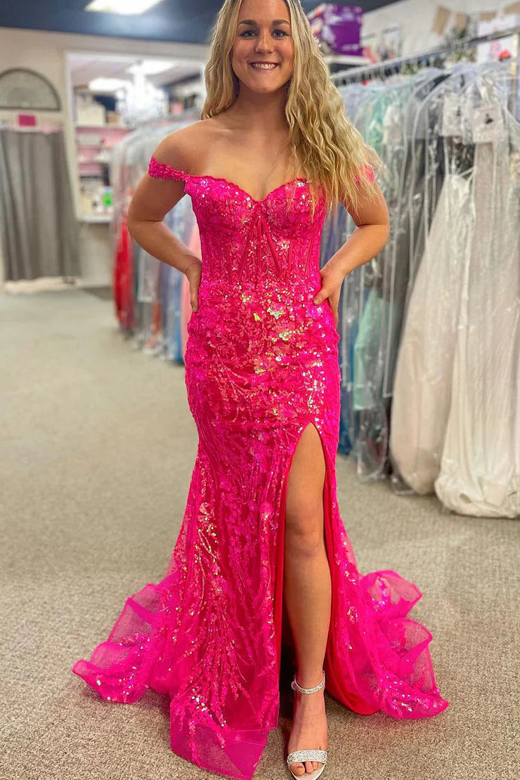 Sheath/Mermaid Sleek Glittering Sparkle Sweetheart Sequins Lace Prom Dresses with Slit