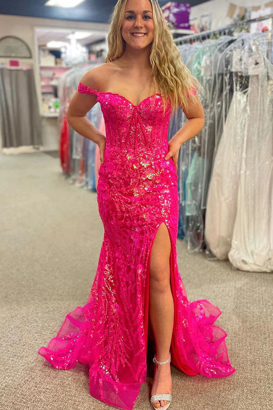 Sheath/Mermaid Sleek Glittering Sparkle Sweetheart Sequins Lace Prom Dresses with Slit