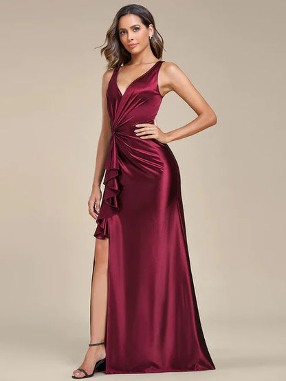 Deep V-Neck Stylish Waist Pleated High Slit Satin Evening Dress/Prom Dresses Party Dresses Wedding Guest Dresses